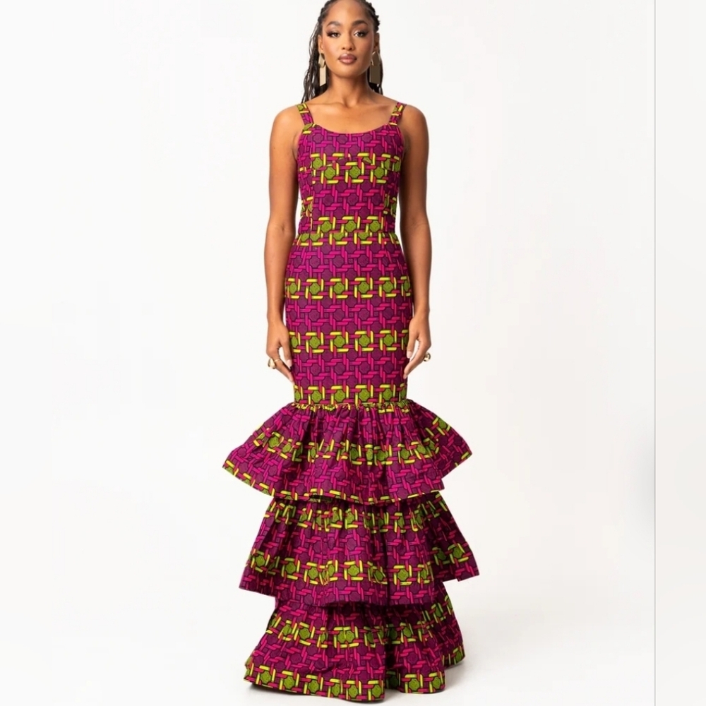 ÖFUURË Women's S Wunmi African Print Layered Mermaid Dress New
